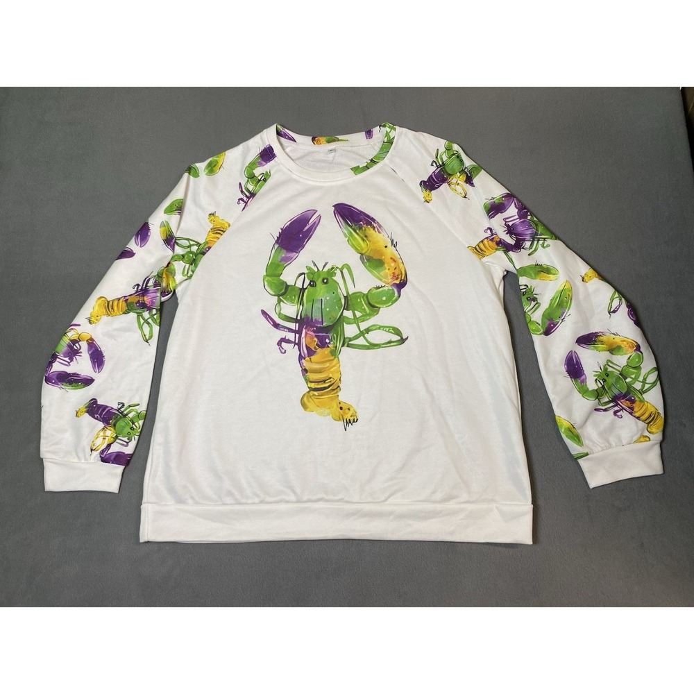 Women's XL crewneck pullover sweater Mardi Gras inspired Lobster graphics